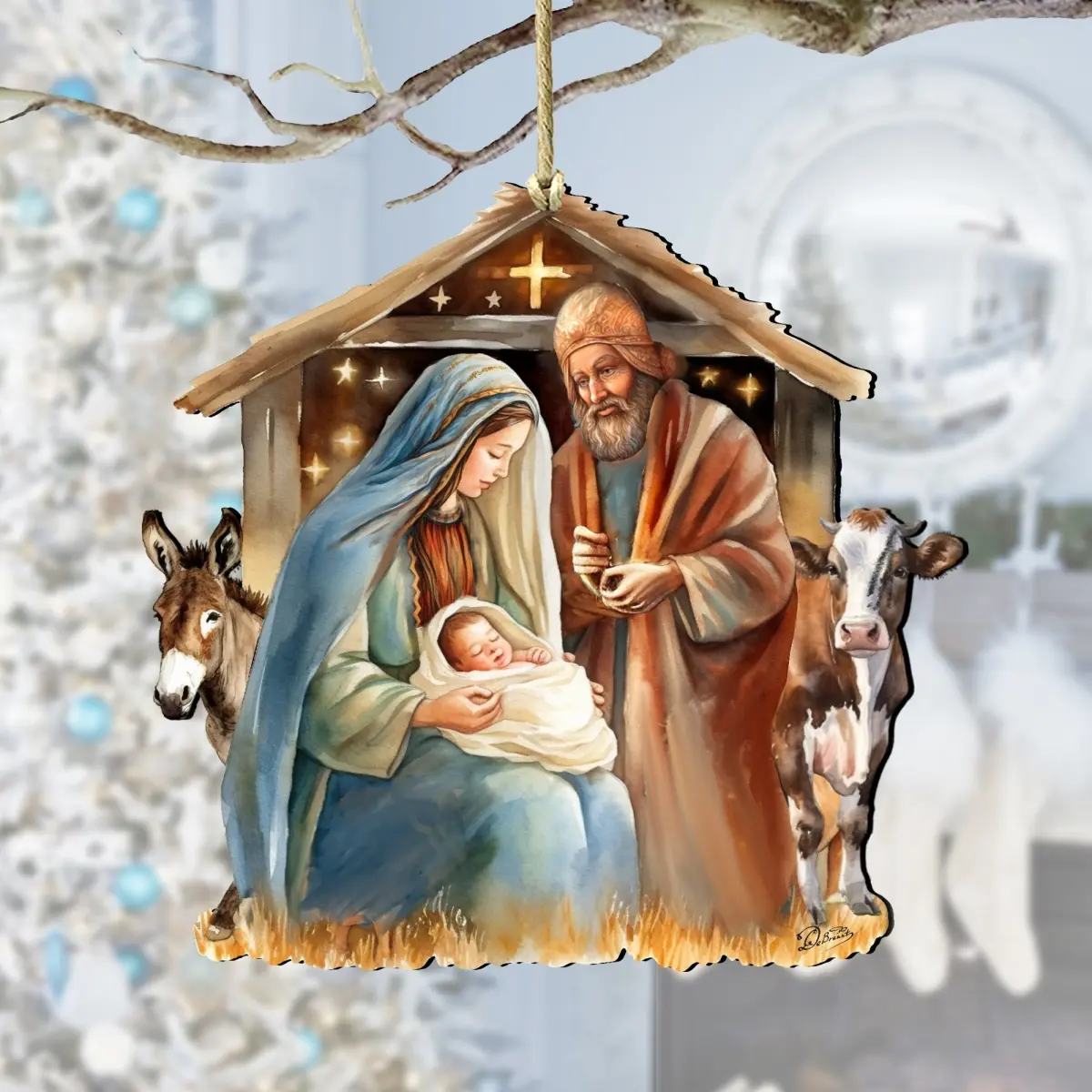 Designocracy 8611082 Artistic 5x5.5x0.25 in. Born Under Bright Star Nativity Wooden Christmas Ornament, Festive Home Supply, Holiday Gift
