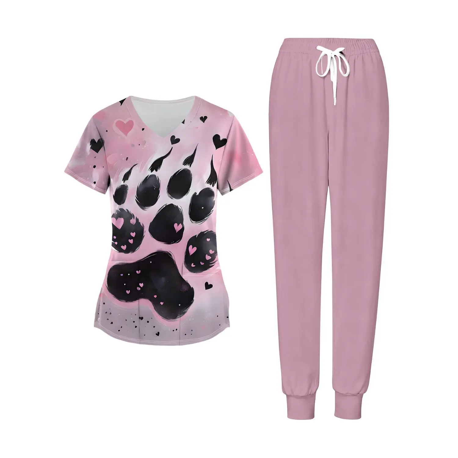 Playful Pink V-Neck Top & Cat Paw Pattern Jogger Set for Women - Perfect for Casual Wear or Nanny Uniform