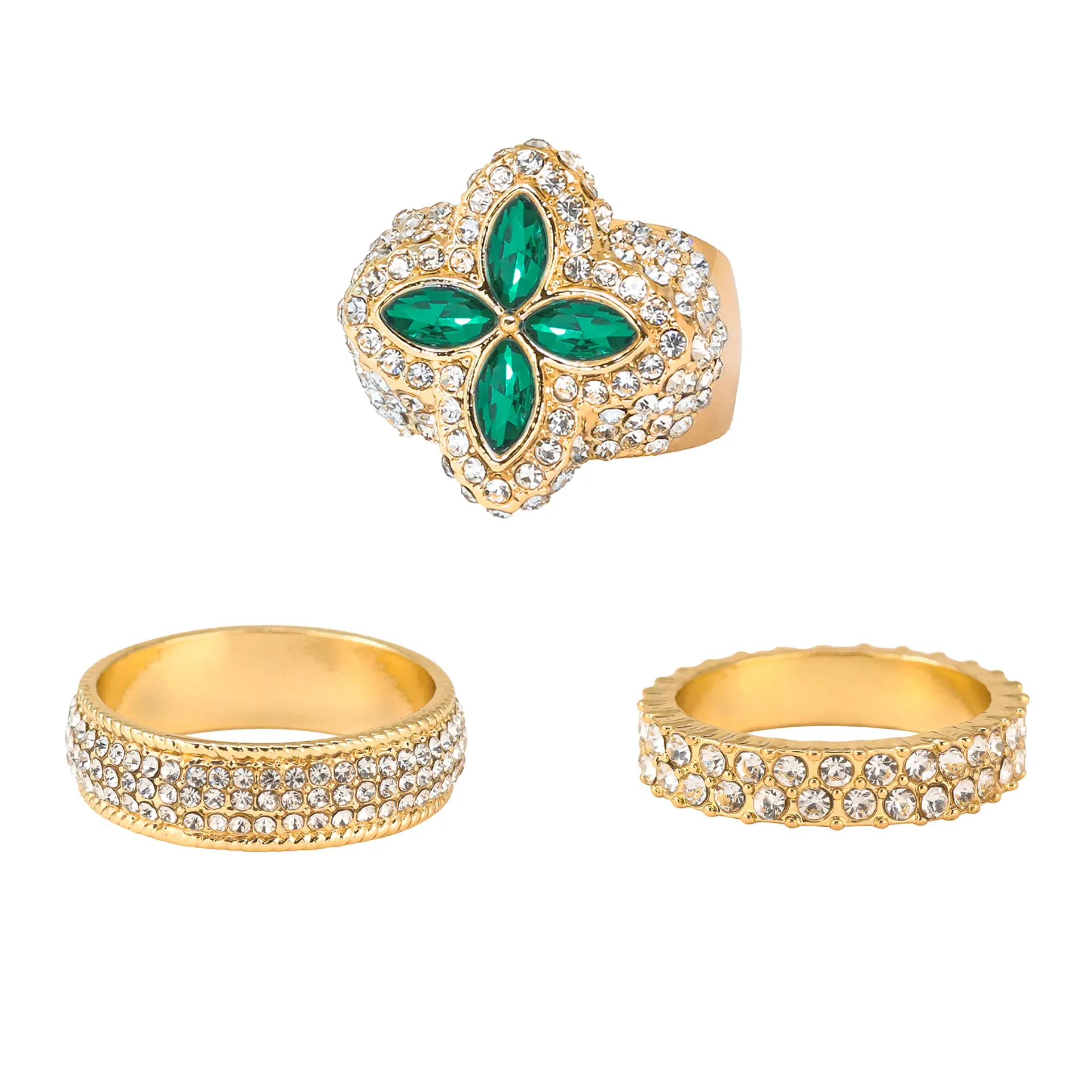 Flower Design 3 Piece Ring Set – Green Stone Rings, Gold / Silver Tone – Alloy with Coated Finish