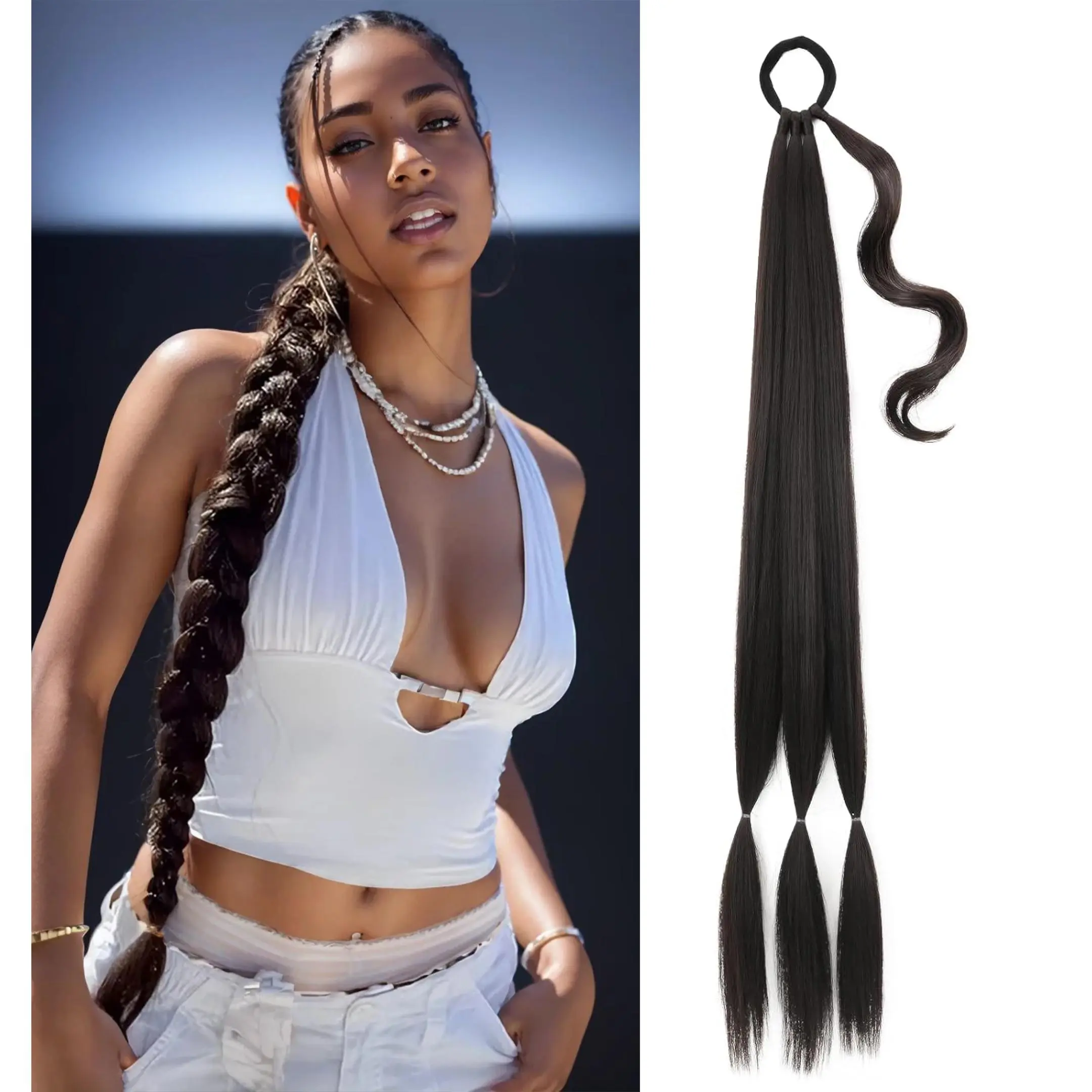 Long Braided Ponytail Extension with Hair Tie Straight Wrap Around Hair Extensions Ponytail Natural Soft Synthetic Hair Piece for Women Daily Wear 32 Inch