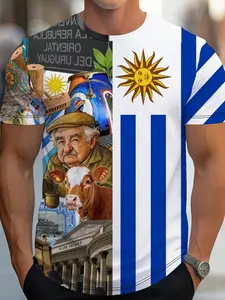 Uruguay Flag Graphic Print Short Sleeve T-Shirt, Men's Casual Trendy Top, National Culture Design, Fitted H-Type, Long Clothing