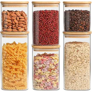Airtight Glass Storage Canister Set with Lids, 6 Pcs 3 Sizes (0.7Qt/1.2Qt/1.6Qt) Square Food Storage Containers, Kitchen Pantry Jars for Flour Cereal Sugar Tea Coffee Beans Snacks