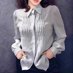 Teal Pleated Blouse with Embellishments - Elegant Puffed Sleeves, Pointed Collar, Subtle Pleating, Vintage-Inspired Design for Women - Long Sleeves, Womenswear - Elegance, Shirts, Top, Love