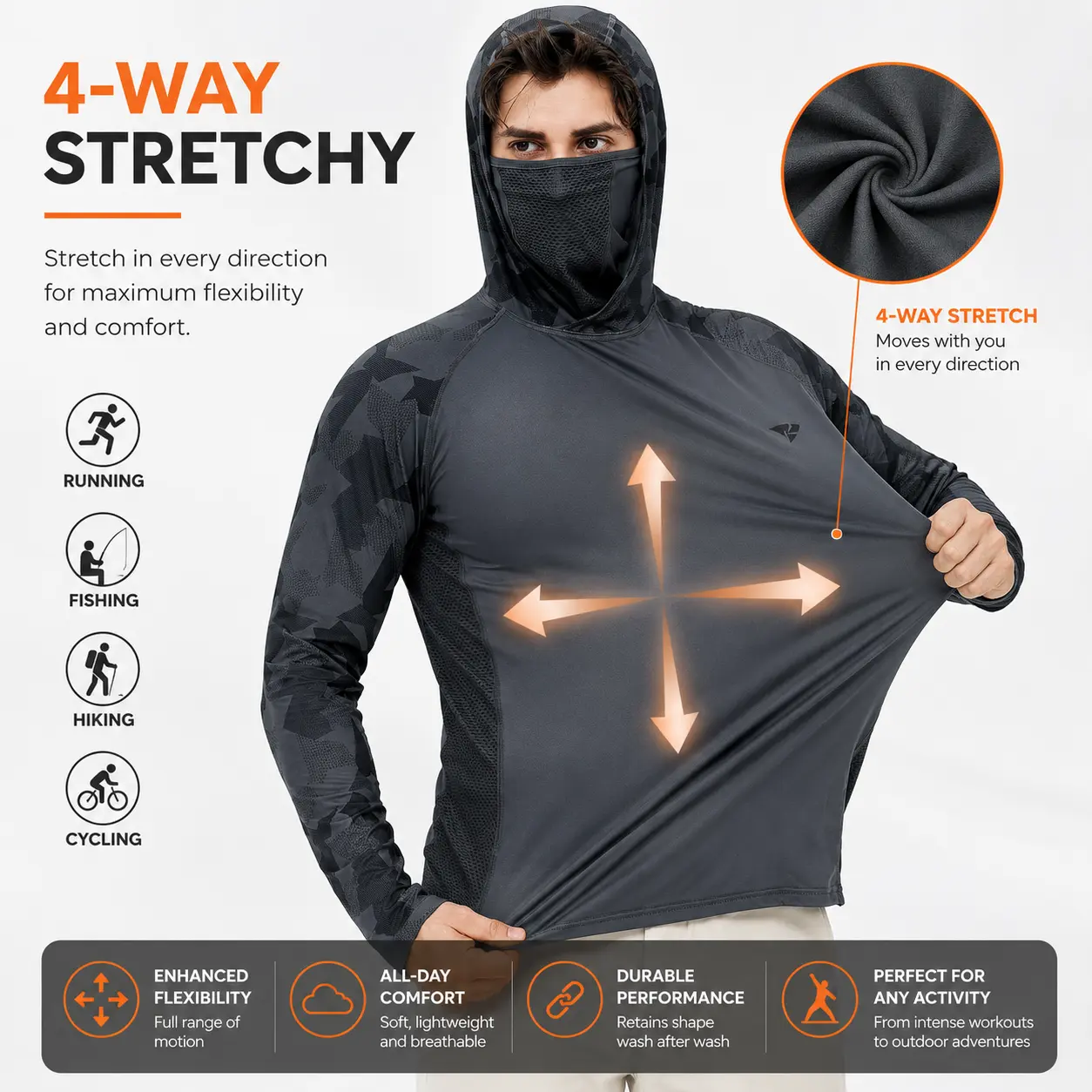 【RODEEL】915 Sun Hoodie Shirts w/ Mask Neck Gaiter Men UPF 50+ UV Protection Long Sleeve Lightweight Quick Dry Moisture Wicking Breathable Cooling Athletic Activewear for Outdoor Fishing Boating Hiking Construction Roofing Framing Landscaping summervibes