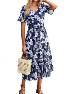 ZEAGOO DealsForYouDays Women's Summer Dresses Midi Tiered Casual Dress Floral V Neck Ruffle Short Sleeve Flowy Beach Dress with Pockets