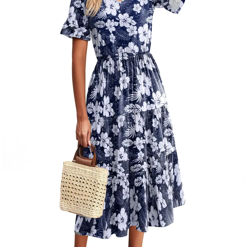 ZEAGOO Women's Short-Sleeve Lace Casual Midi Dress - V-Neck, Ruffled, Tiered, Elastic, Pockets, Floral V-Neck Look, Easy to Style with Flats/Heels, Ideal for Teachers, Beach Casual Wear