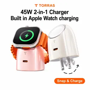 TORRAS Flasheye 45W 2-in-1 Charger for Apple Watch & iPhone17 16 15 14 13Pro Max, Snap-On Magnetic Charging, 45W USB-C PD Fast Charging for iPhone, iPad & MacBook, travel, Compact Cute Desk Charger, Foldable Plug, Travel Friendly,Minimal outdoorfun