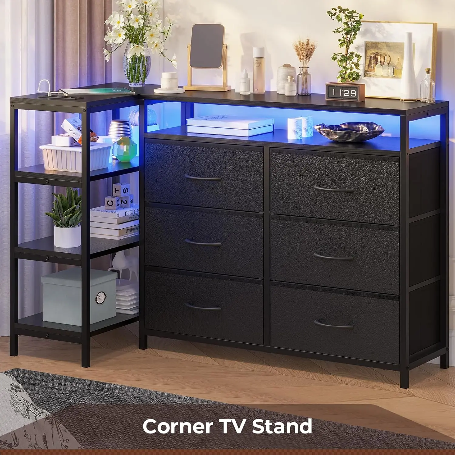 HAUOMS TV Stand for 60 Inch TV,Entertainment Center with Power Outlets and LED Lights,L Shaped Convertible Dresser with Open Shelf, 6 Drawers with PU Finish, for Living Room,Black, Dresser Tv Stand, Tv Cabinets For Living Room, Charging Station