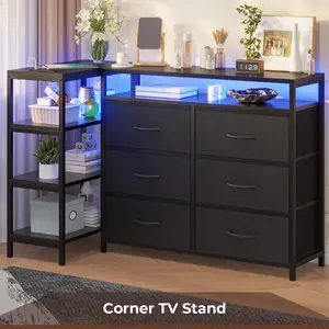 HAUOMS TV Stand for 60 Inch TV,Entertainment Center with Power Outlets and LED Lights,L Shaped Convertible Dresser with Open Shelf, 6 Drawers with PU Finish, for Living Room,Black