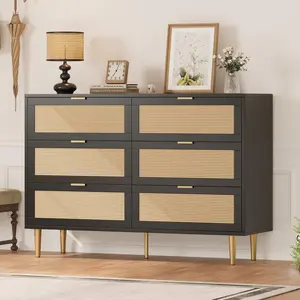 【Christmas Gift】Rattan 6 Drawer Dresser  Wide Double Dresser with Gold Handles and Legs  Modern Chest with Large Storage for Bedroom or Living Room  Black