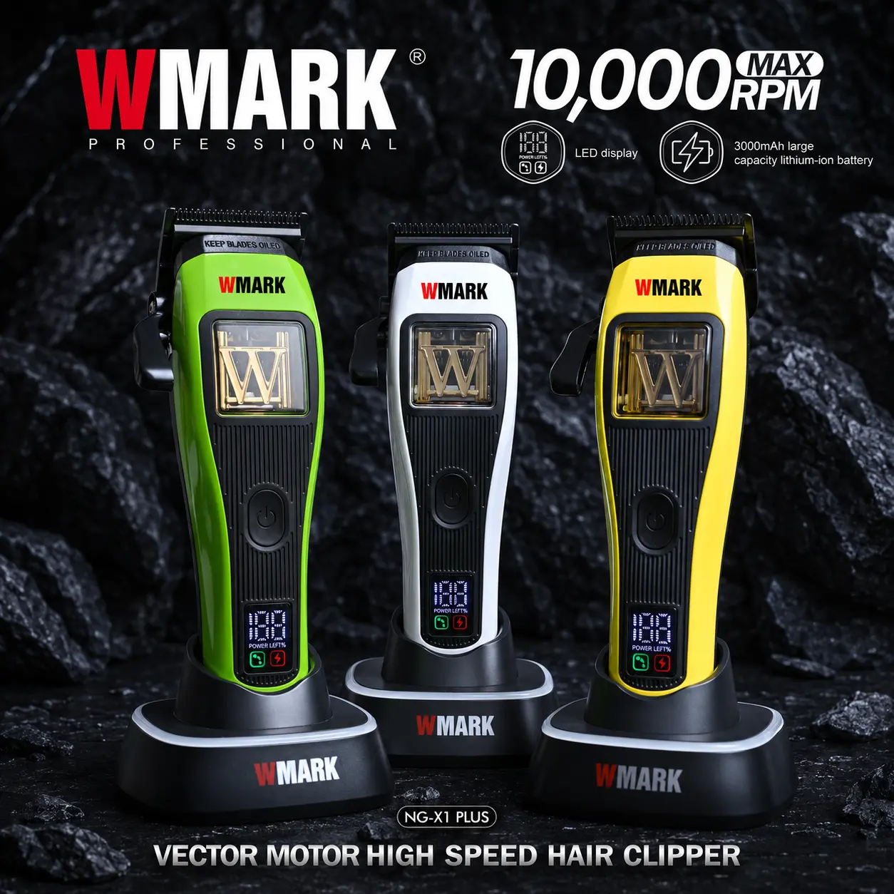WMARK NG-X1 Plus Professional Hair Clipper for Men, 10000 RPM Cordless Barber Clippers with Vector Motor, LED Display and Magnetic Guards
