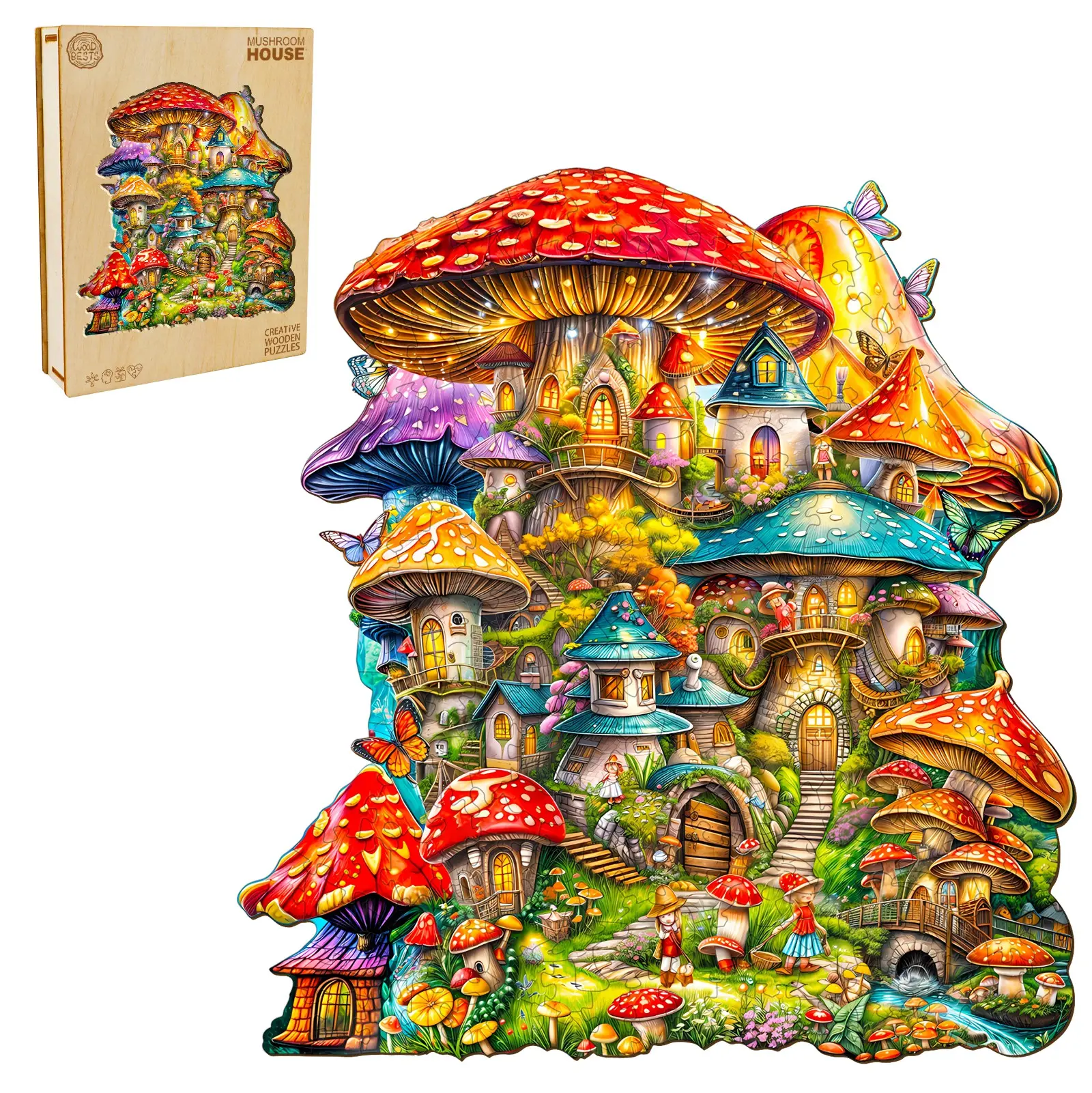 Magic Mushroom Wooden Jigsaw Puzzle for Adults and Kids Unique Shape Animal Wood Puzzles Challenging Puzzle, Family Game Creative Gifts，Laser-Cut Durable Puzzle Colorful Design
