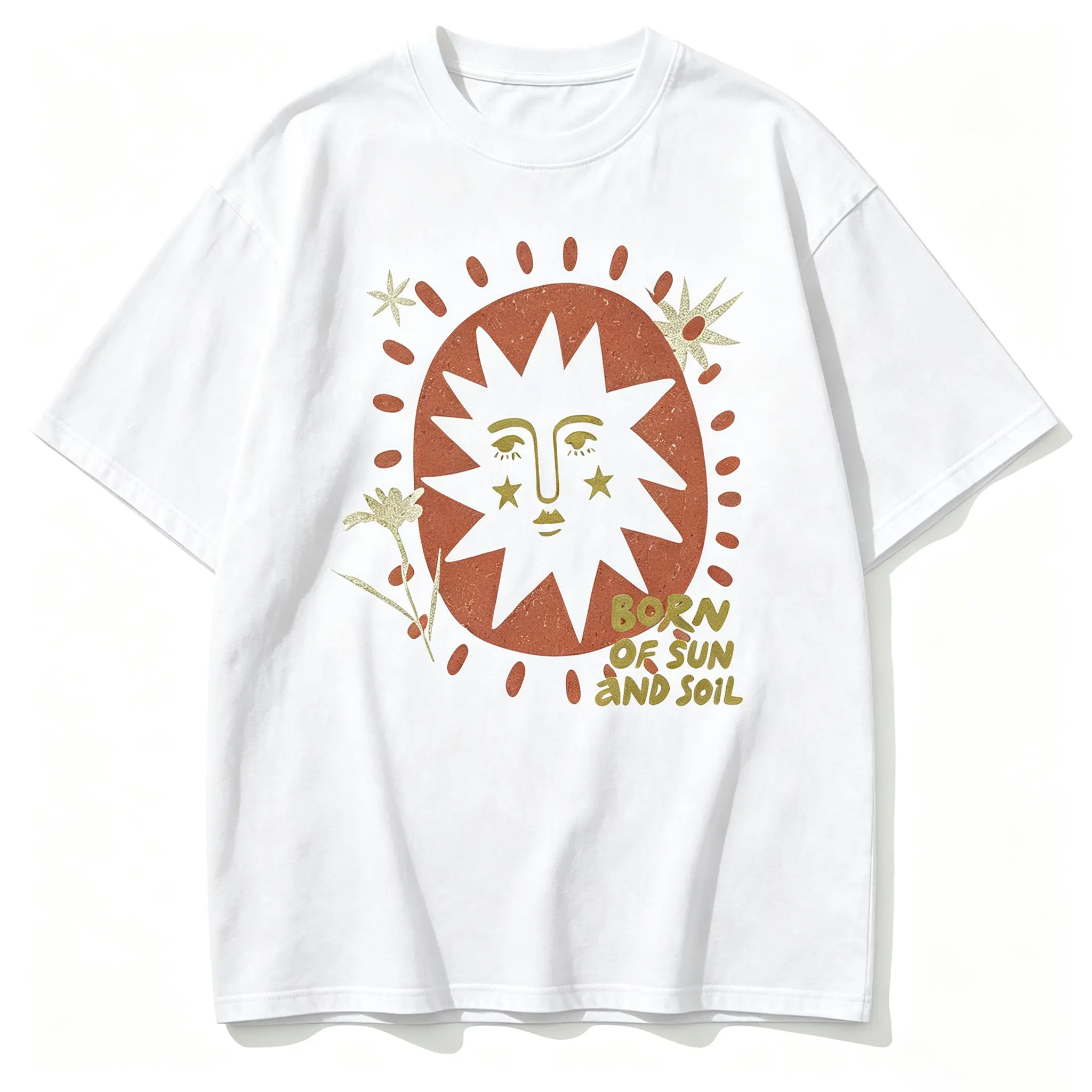 Born Of Sun And Soil Boho Abstract Sun Face Vintage Retro Graphic T-Shirt, Unisex Bohemian Nature Casual Tee, 100% Cotton Printed Craft SummerVibes Top, Relaxed Soft Breathable womens summer clothing