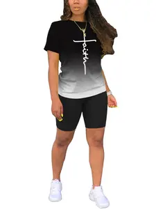 Women’s Gradient Faith Cross Print Set — Short-Sleeve T-Shirt + High-Waisted Cycling Shorts, Casual Sporty Versatile Two-Piece Outfit