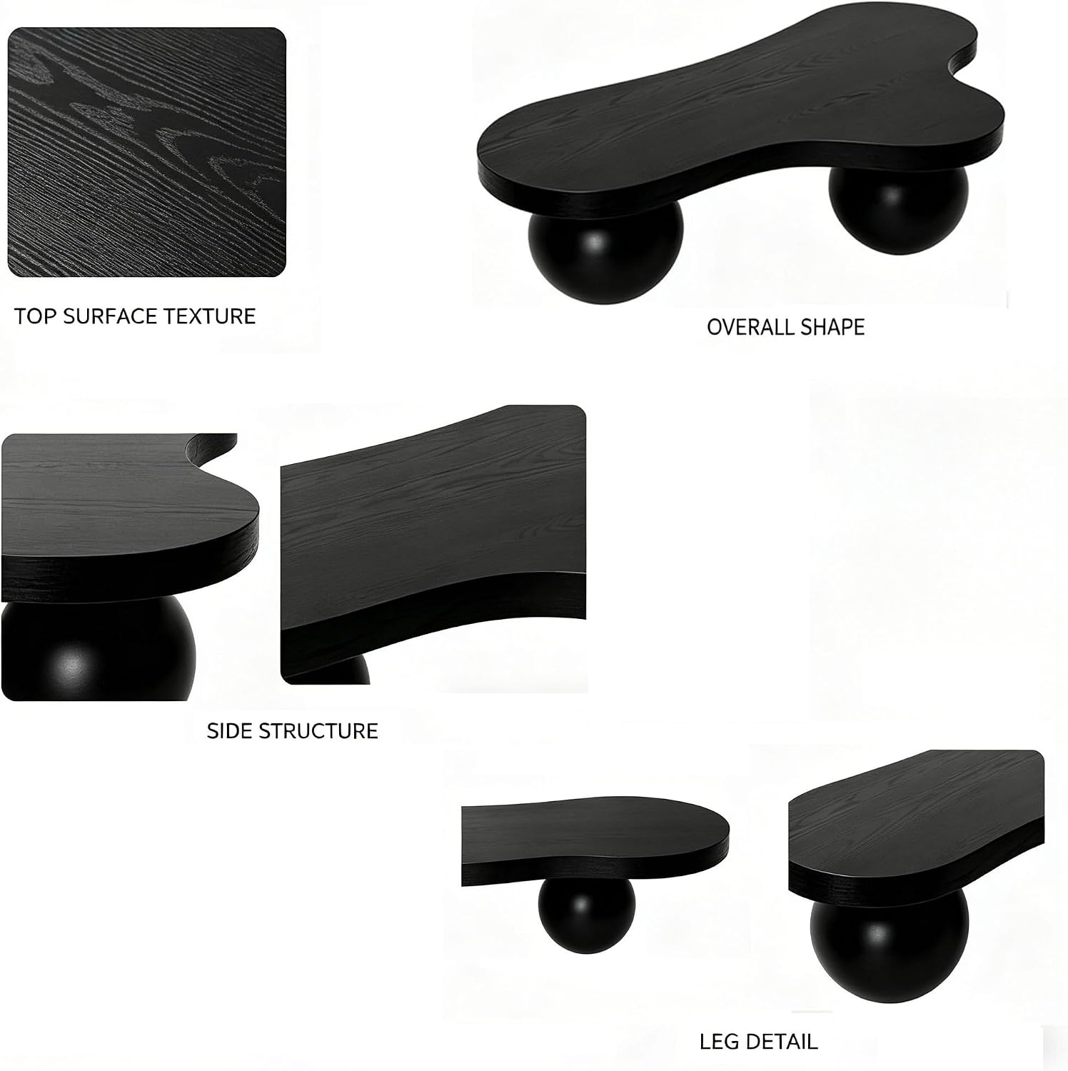 46" Cloud Shaped Coffee Table with 3 Ball Legs, Modern Irregular Center Table with Water Ripple Ash Veneer Top, Artistic Wood Coffee Table for Living Room Apartment, Black