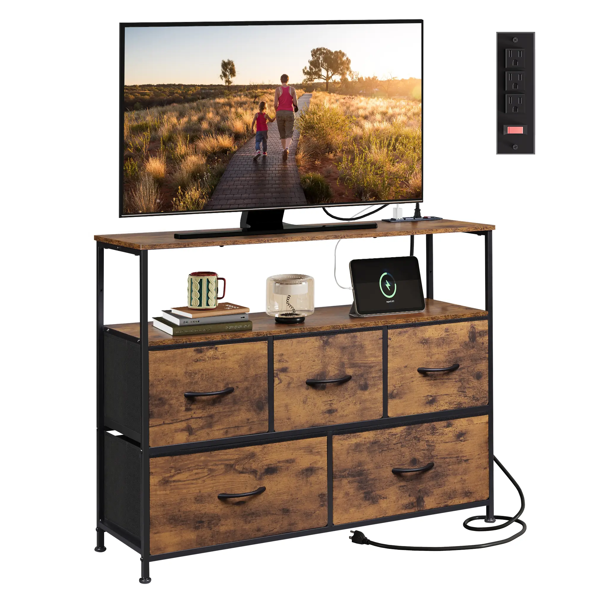 WLIVE Wooden Dresser TV Stand for Bedroom Decor with Power Outlet, Fabric Dressers with Open Shelves for 45 inch TV, Entertainment Center Dresser