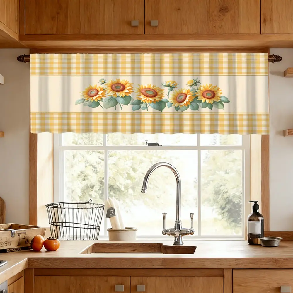 1pc Sunflower Pattern Kitchen Valance, Plaid Border Design, Curtain for Fresh Style Kitchen Living Room Entryway Decor, Perfect for Home Enthusiasts