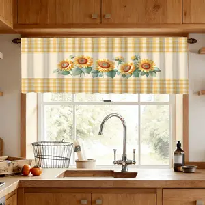 1pc Sunflower Pattern Kitchen Valance, Plaid Border Design, Curtain for Fresh Style Kitchen Living Room Entryway Decor, Perfect for Home Enthusiasts