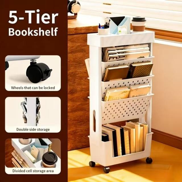 Five-tier rolling side storage cart for desks, multi-layer rolling file organizer, large-capacity book and magazine stand, desktop bookshelf, freestanding desk rolling cart, rolling file cabinet/shelf, movable folder storage cart—suitable for home offices