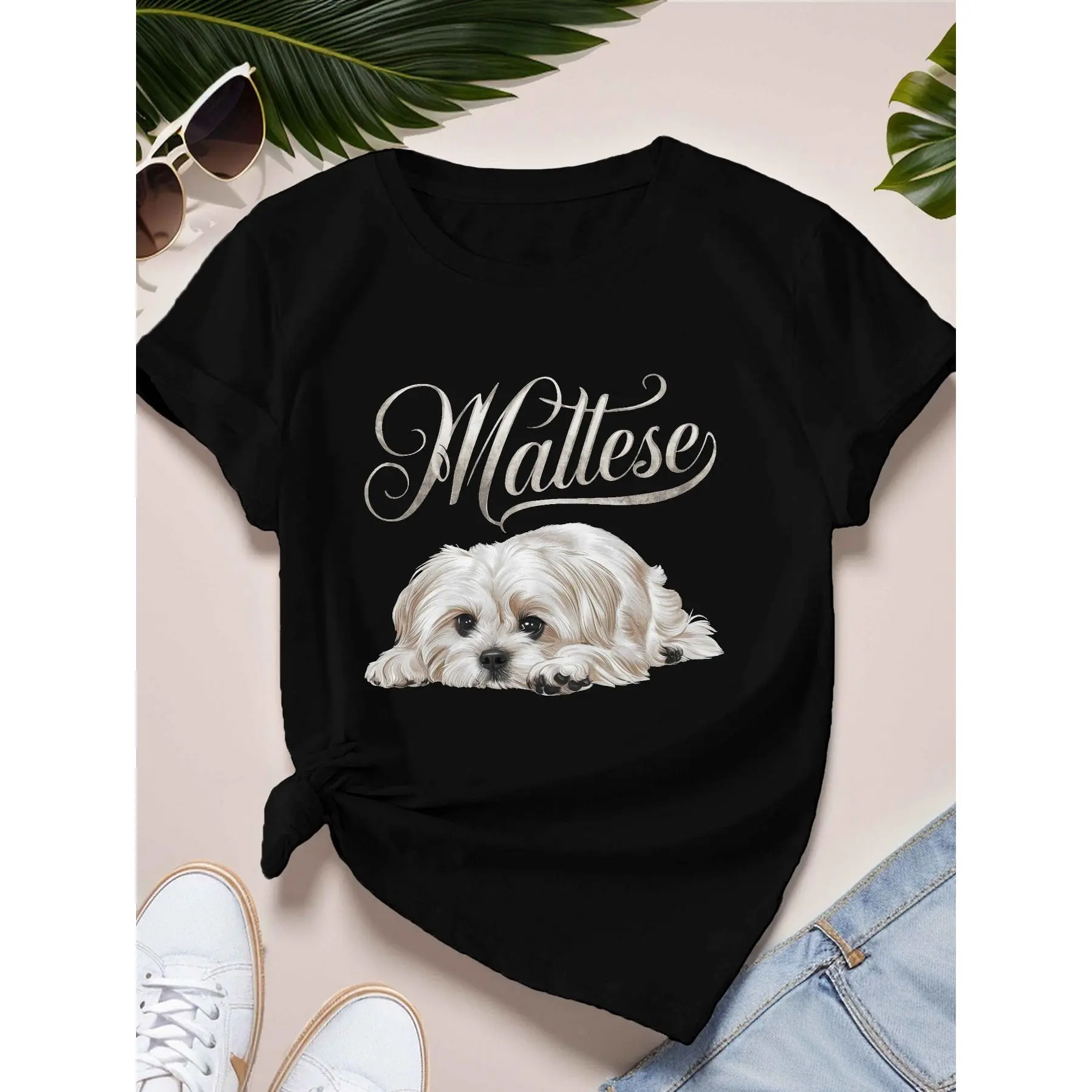 Women's Maltese Dog Graphic T-Shirt - 100% Cotton Casual Round Neck Short Sleeve Top with Medium Stretch, Cute Animal Aesthetic, Soft Breathable Tee for Pet Lovers, Graphic Tee Addict, Lightweight, Shortsleeve, Tshirt, Animals, Digital Print, Breathable K