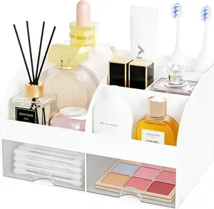 Viral White Makeup Organizer  2 Drawer Cosmetic Storage with Beauty Brush Holder , Vanity & Skincare Display Case
