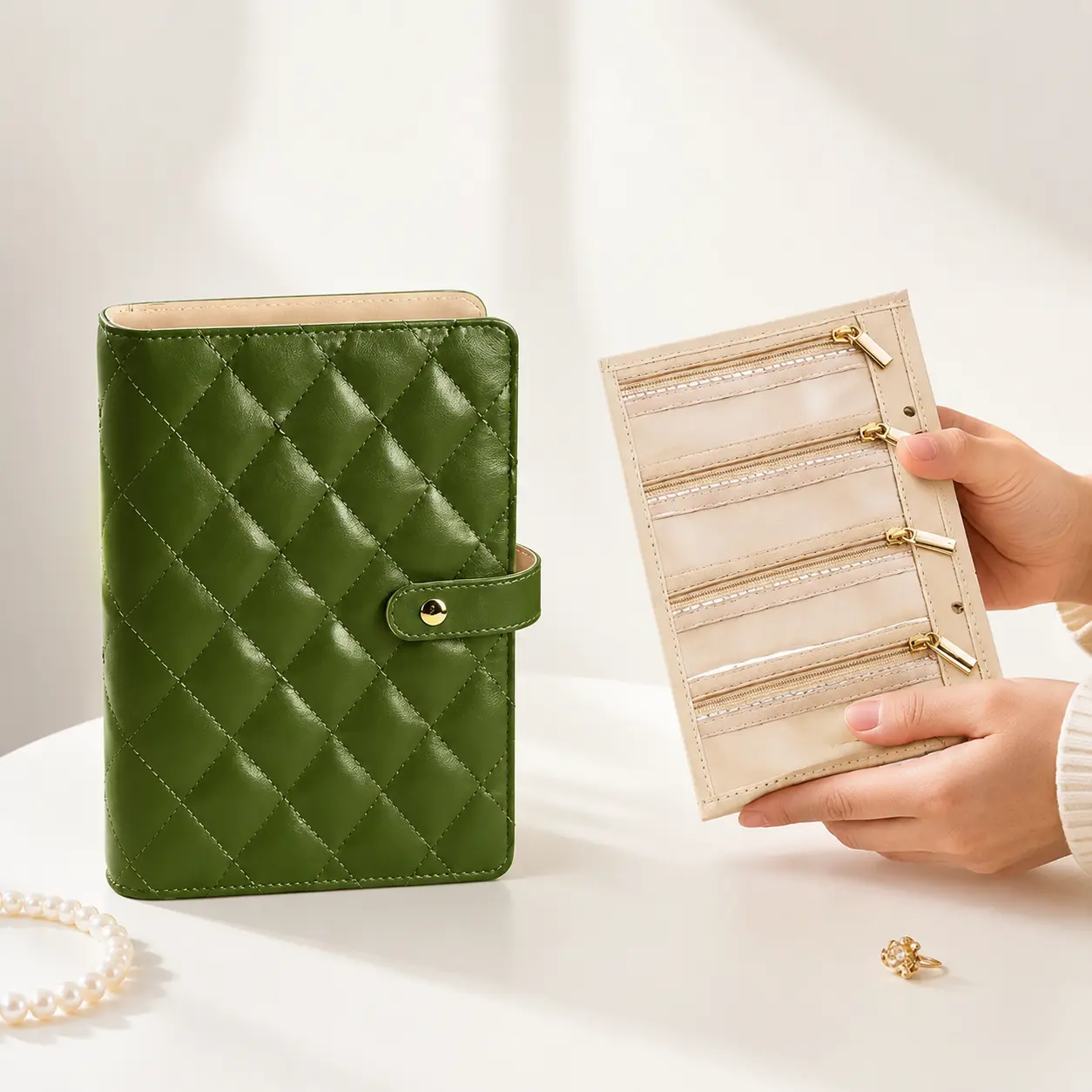 BOOVO Modern Travel Jewelry Organizer Book Pouch - Luxury Quilted 5-7 Day Travel Kit, Purse-Size Waterproof Storage Case with Transparent Pockets for Necklaces, Earrings, Rings, Bracelets, Women's Gift
