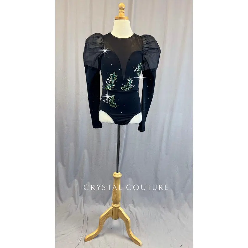 Black Long Sleeve Leotard with Tulle Puffed Shoulders - Rhinestones