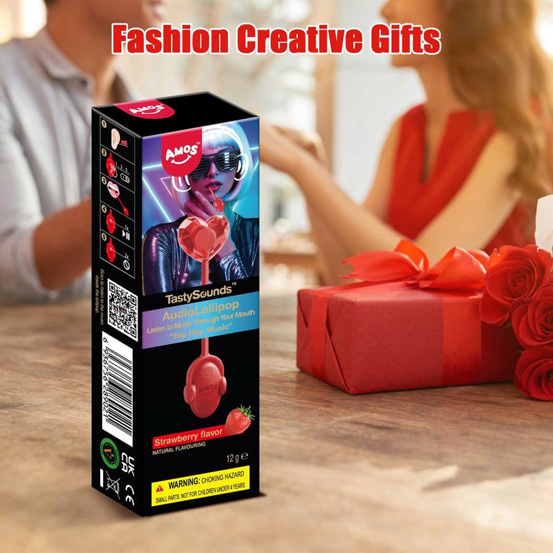 AMOS TastySounds Audio Lollipop Candy Gift – Heart-Shaped Music Lollipop, Sweet Strawberry & Berry Flavors, Cute Tech Candy, Romantic Creative Gift, Individually Wrapped Surprise