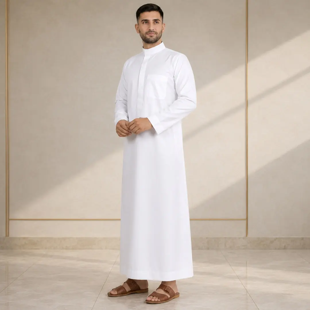Elegant Pure White Saudi Thobe - Men Elegant Pure White Saudi Thobe - Men