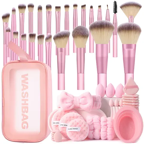 51PCS All-in-One: 25 Makeup Brush Set with Storage Bag + 3-Piece Waterproof Travel Organizer Set + Practical Detachable Cleaning Bowl + 21PCS Triangular & Oval Velvet Powder Puffs – Ideal for Daily Makeup, Flawless, C, Makeup Accessories, Accessories For,