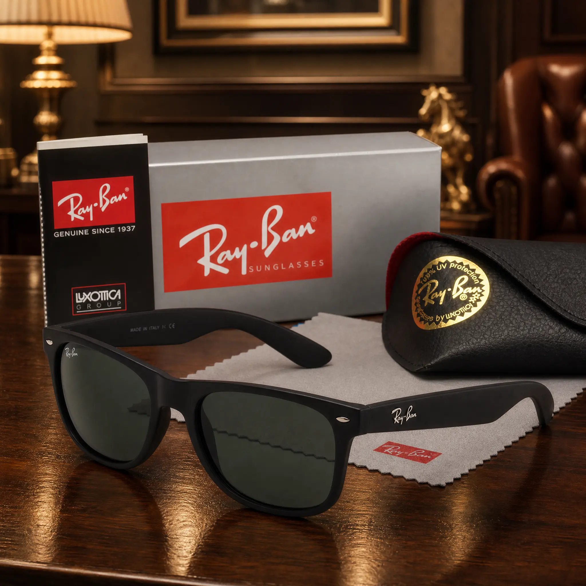 _RAY-BAN Wayfarer Sunglasses for Men & Women – Shiny Black Frame with Green Lenses FULL LOGO-FULL BOX
