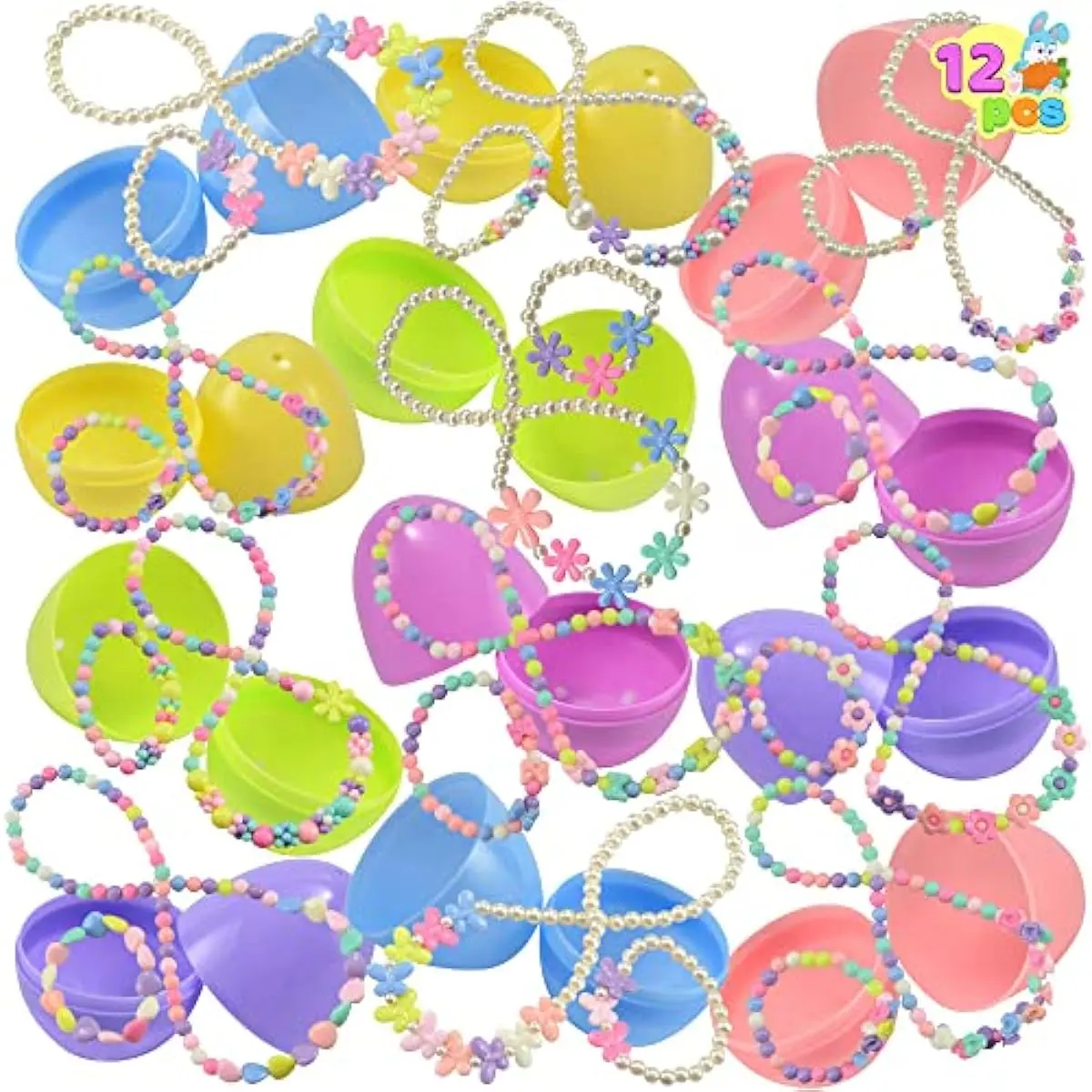 12 Pack Prefilled Easter Eggs with Jewelry Toys, Different Designs of Necklaces and Bracelets Girls Jewelry Set for Kids Easter Party Favor, Basket Stuffer, Classroom Exchange and Prize Supplies