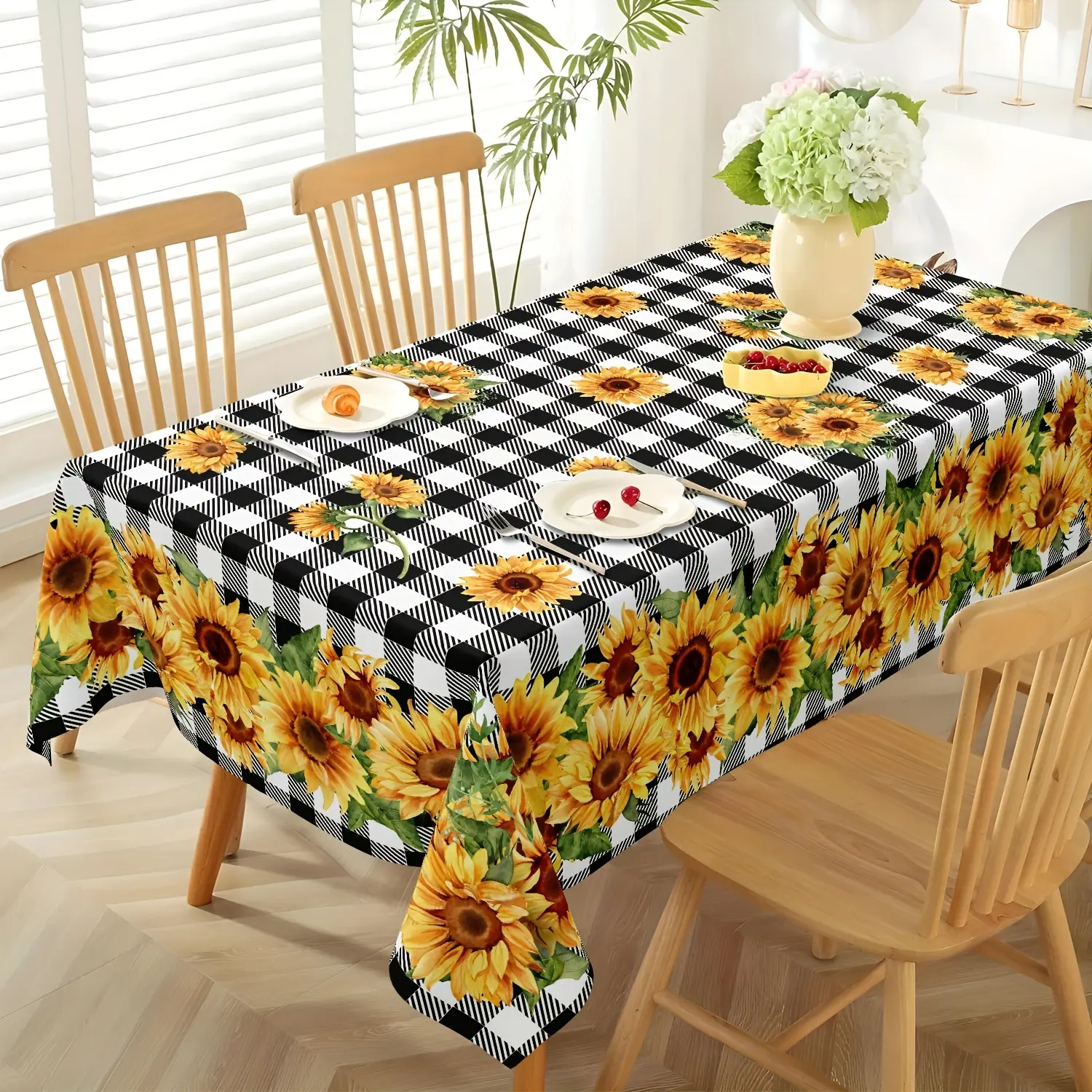 EastJia 1pc Polyester Rectangle Spring Outdoor Tablecloth - Sunflower Black and White Design, Durable, Easy to Clean, 1-Piece Multi-Size Home Supplies, Holiday Tabletop Decor, Ideal for Party Dining