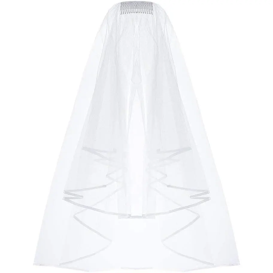 White Double Ribbon Edge Center Cascade Bridal Wedding Veil with Comb