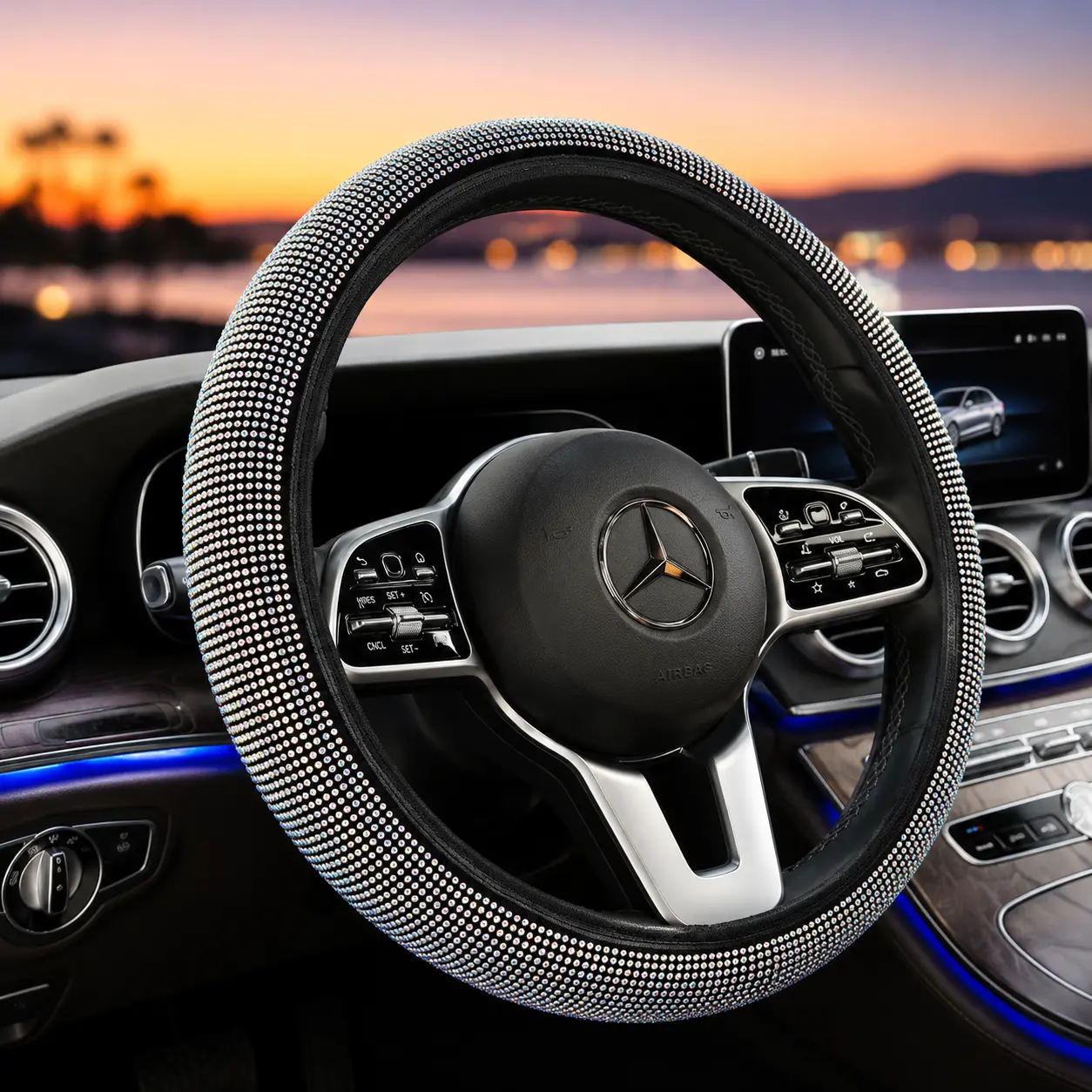 15 Inch Crystal Rhinestone Steering Wheel Cover, Sparkly Bling Car Interior Accessory, Universal Fit Anti-Slip Steering Wheel Protector for Cars, SUVs, Trucks, Vans, Women Drivers, Girls, Car Decor and Gift