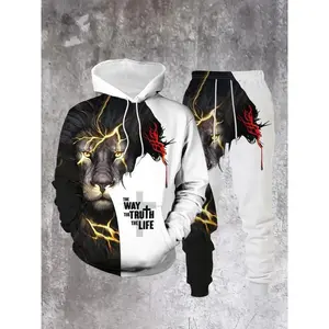 Men's Spring Autumn Winter Hoodie Set, 3D Print Lion Letter Cross Design, Sporty Long Sleeve Polyester Two-Piece