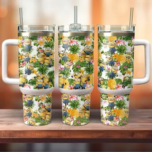 [Otaku Sip] Minion Banana 40oz Tumbler With Handle – Anime Gaming Style Stainless Steel Cup, Insulated Iced Coffee Travel Mug, Gift For Otaku & Anime Fans