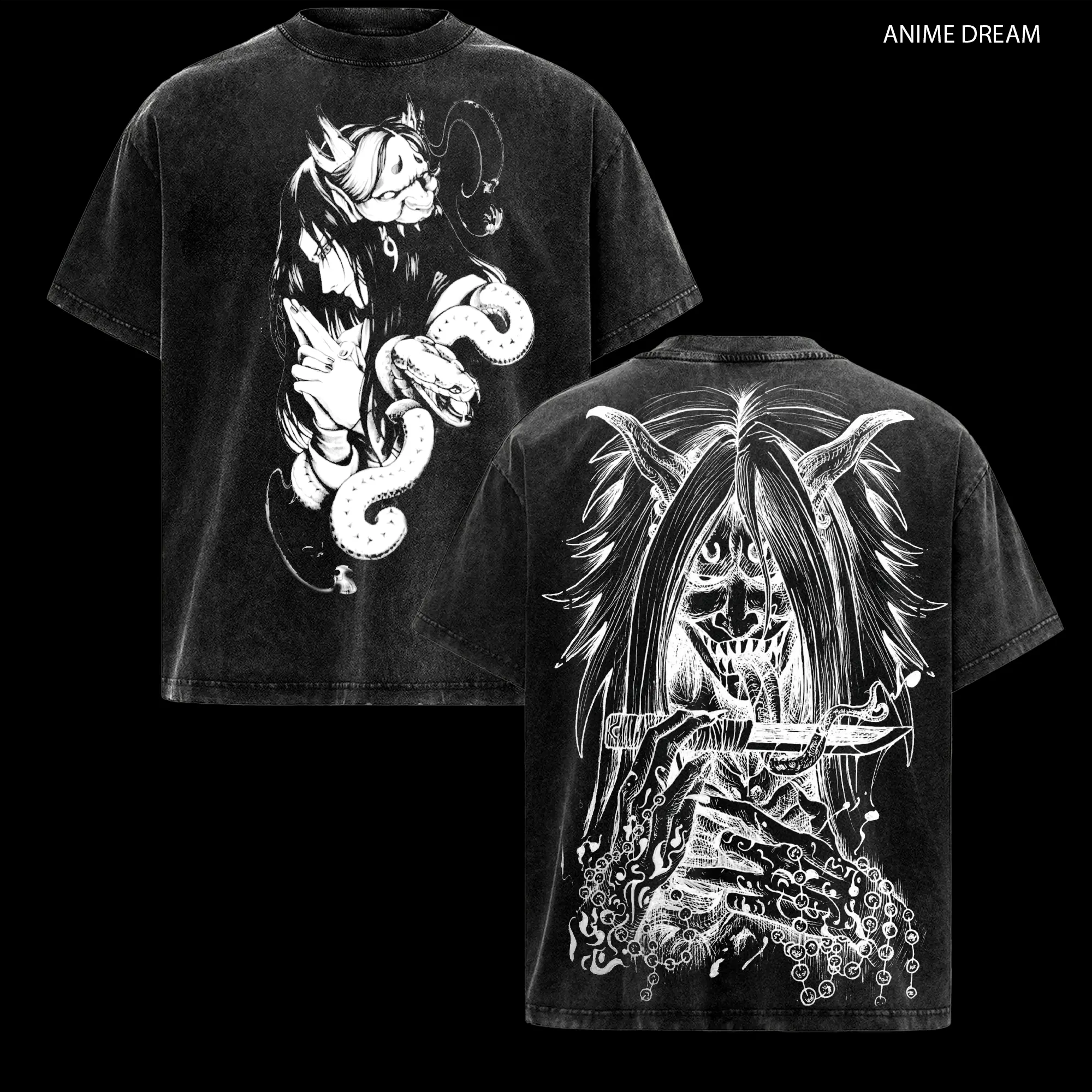 Orochimaru Naruto Anime Double Printed Vintage Washed Tee Unisex Oversize Heavyweight Cotton T-shirt for Anime Fans and Lovers