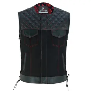 Collarless Black Denim Motorcycle Club Vest - SOA Style Biker Vest with Leather Trim, Concealed Carry Pockets & Side Laces