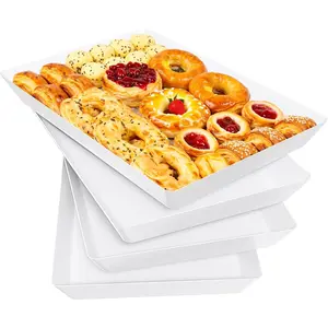 4-Pack Sturdy White 14x9.2 in Rectangular Square Plastic Serving Trays, Stackable Platters for Party Food Display (Home & Festive Supplies)
