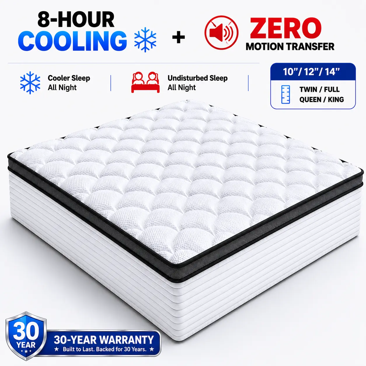 10/12/14 IN TWIN FULL QUEEN KING-5-layer design，Memory Mattress with Independent Springs, High rebound sponge, Motion Isolation and Firm Edges, 0 motion transmission,Cool down by 6 ℃, Cool for 8 hours，Medium Firmness, CertiPUR-US Certified