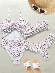 Three-Piece Set Women's Cherry Print Cut Out Swimsuit Set, Casual Drawstring One-piece Swimsuit & Ruched Swim Tube Top & High Cut Swim Bottom, Ladies Summer Swimwear