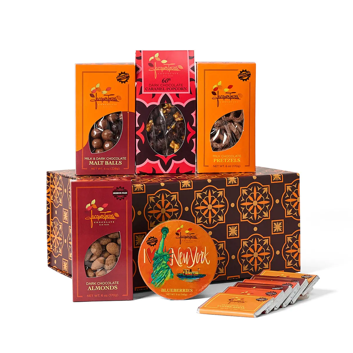 Jacques' Snacks Gift Box - Chocolate-Covered Classics Including Caramel Popcorn, Dark Chocolate Almonds, Milk Chocolate Pretzels, Blueberries & Mini Bars