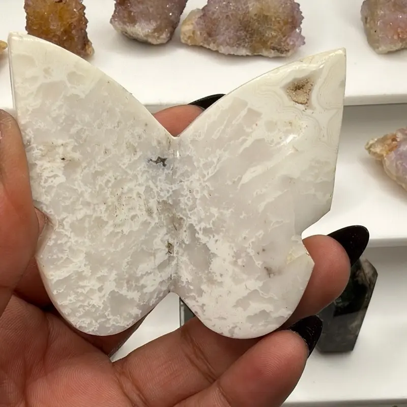 White Flower Agate Butterfly Crystal Carving