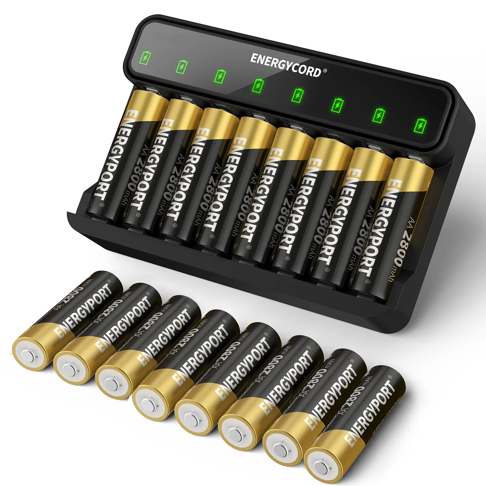 ENERGYPORT 8-Bay Smart Battery Charger with 16 Pack 2800mAh AA Rechargeable Batteries, Universal Charger for 1.2V AA/AAA Ni-MH Batteries