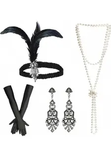 Women Vintage Retro Costume Set Including Hairband Beaded Necklace Earrings Gloves, Perfect for Wedding Party Gift Tea Party Photo Shoot