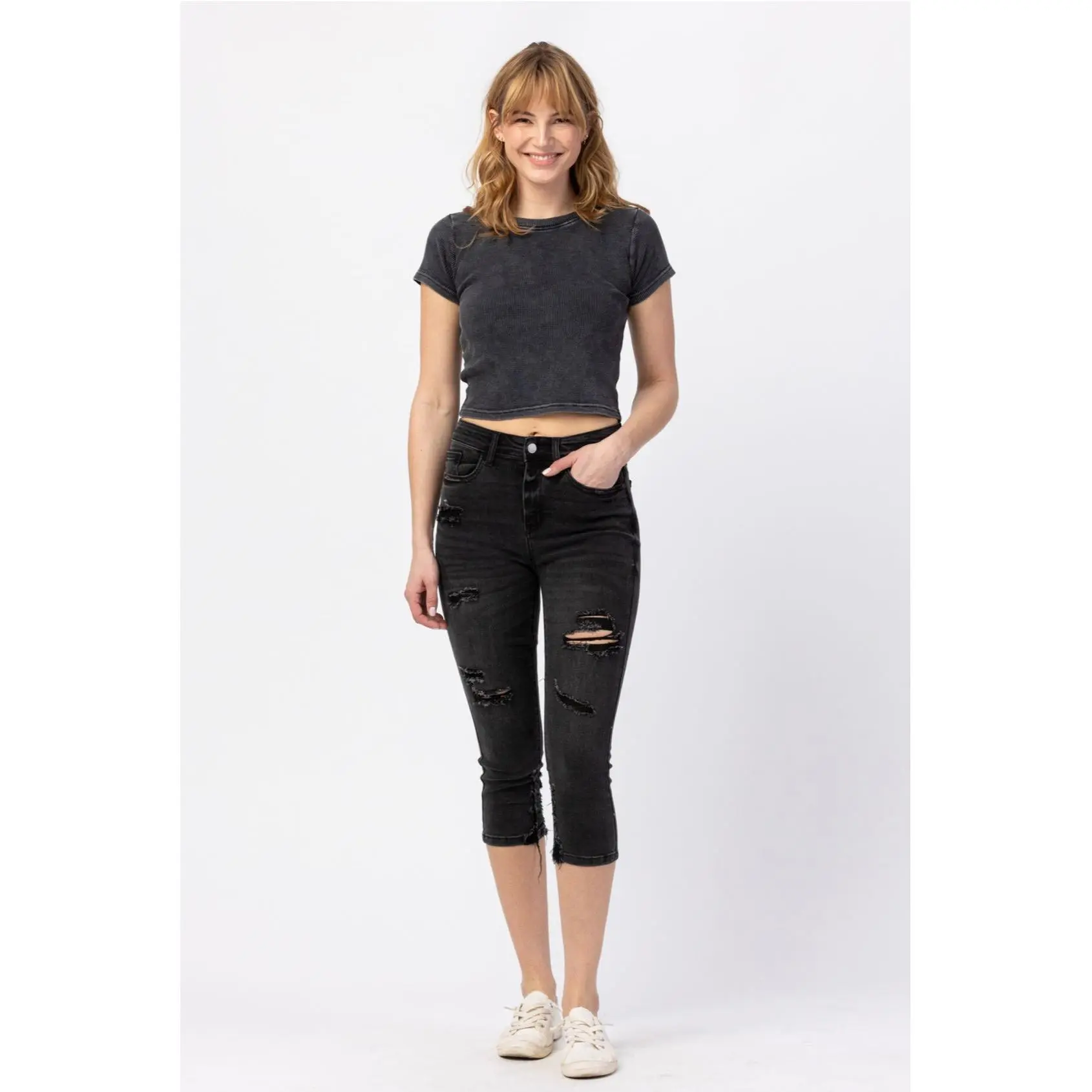 Judy Blue Hi-Waisted Distressed Black Capris