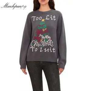 Women Christmas Sweater Long Sleeve Crew Neck Tree Letters Pullover Sweater Winter Sweater