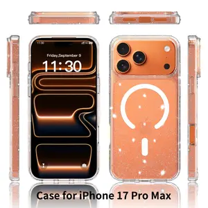 Clear Glitter Magnetic Case for iPhone 15 / 16 / 17 series, Slim Transparent Shockproof Bling Cover for Women Girls