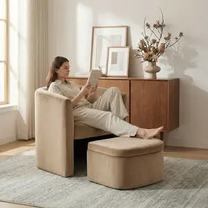 COLAMY NUIA Accent Barrel Chair with Storage Ottoman Set - Adjustable Chaise Lounge, Skin-friendly Material, High-resilience Foam, Thick Seat Cushion, 300 lbs Weight Capacity, Perfect for Living Room, Bedroom, Balcony, Reading Nook